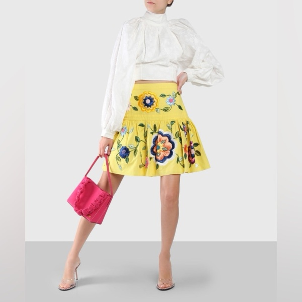 Alexis Kasandra Embroidered Floral Skirt Pattern Yellow Mini RARE HTF SZ Medium - Picture 2 of 16